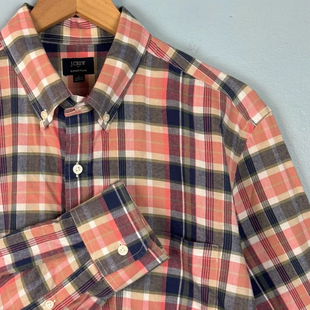 J. Crew‎ Men Large Pink Blue Summer Plaid Button Down Long Sleeve Shirt Cotton